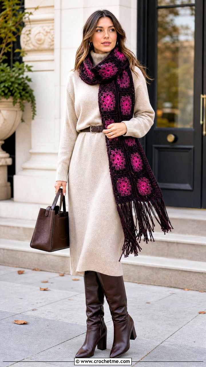 Fringed Granny Flower Crochet Scarf With Sweater Dress And Boots - 35 crochet flower scarf outfit ideas