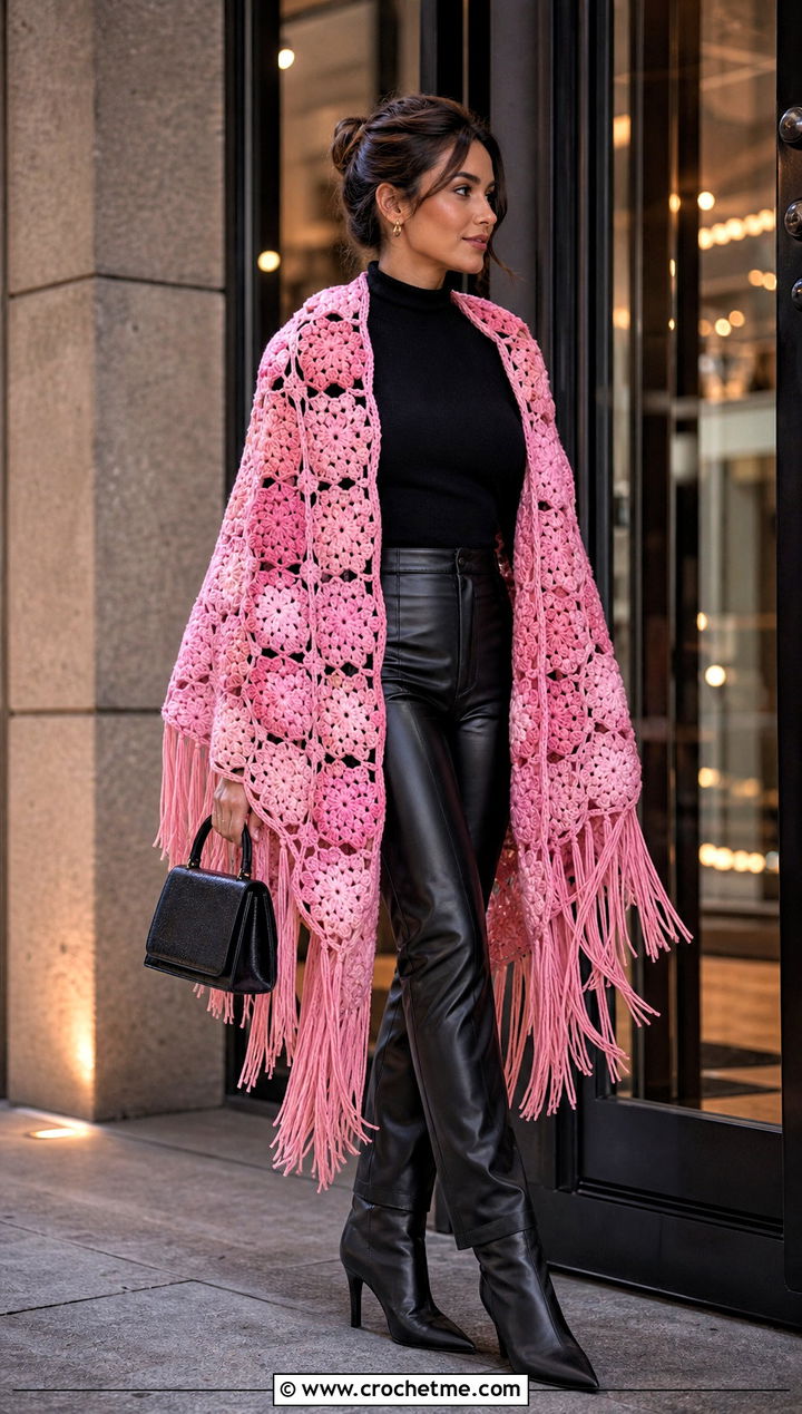 Fringed Granny Hexagon Shawl With Leather Pants - 20 Crochet Hexagon Shawl outfit ideas