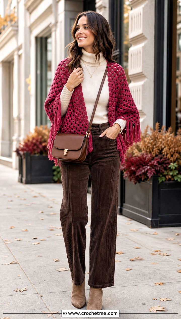 Fringed Granny Shrug With Straight Leg Corduroy Pants - 25 Crochet Granny Shrug outfit ideas