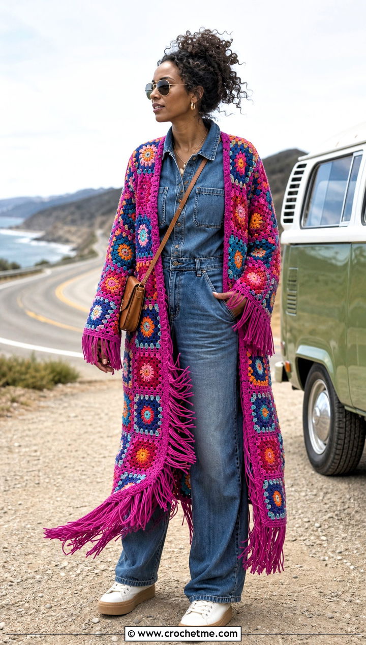 Fringed Granny Square Afghan Coat With Denim Jumpsuit - 15 crochet granny square afghan style coat cardigan outfit ideas