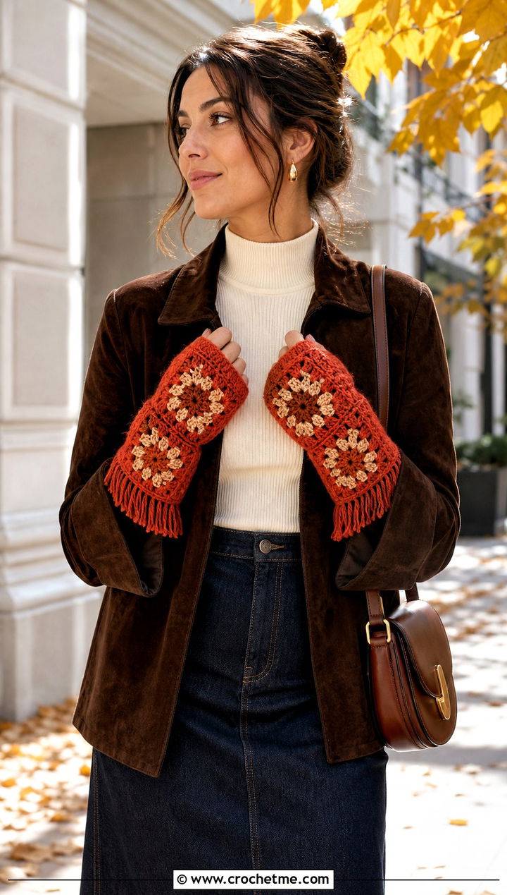 Fringed Granny Square Arm Warmers With Suede Jacket And Denim Midi Skirt - 25 Granny Square Arm Warmers outfit ideas