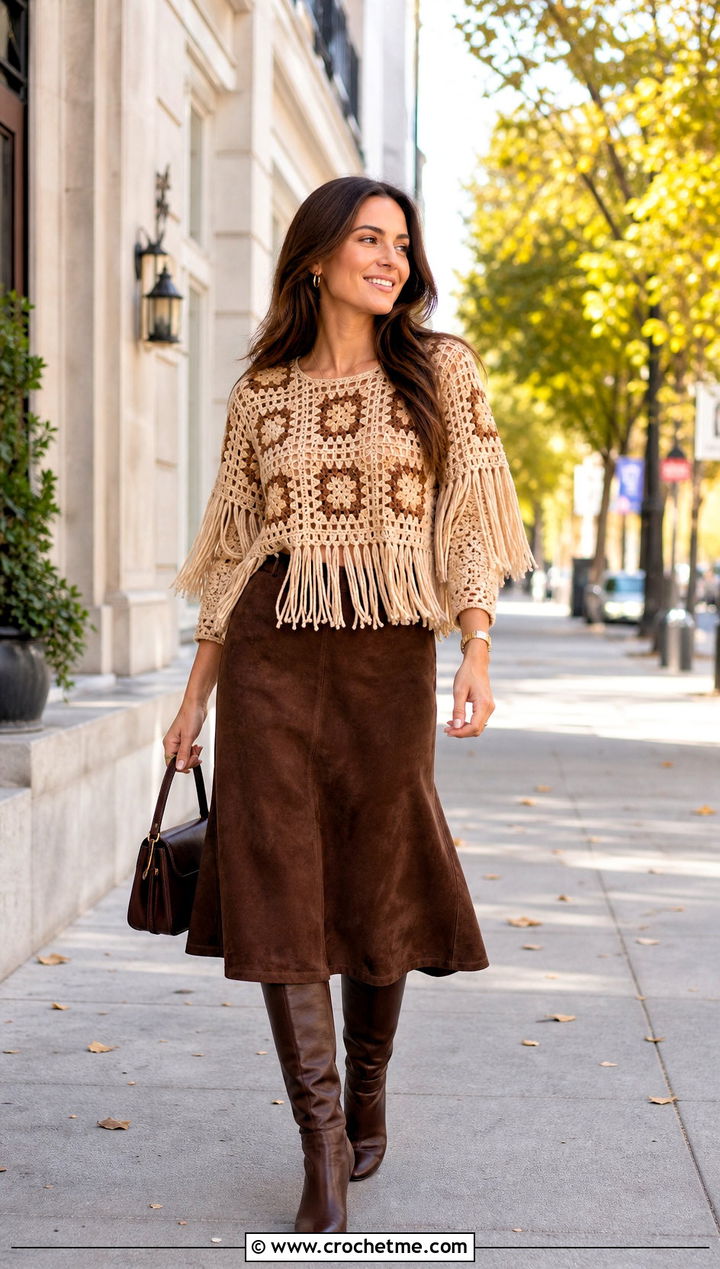 Fringed Granny Square Blouse With Suede Midi Skirt - 35 Granny Square Blouse outfit ideas