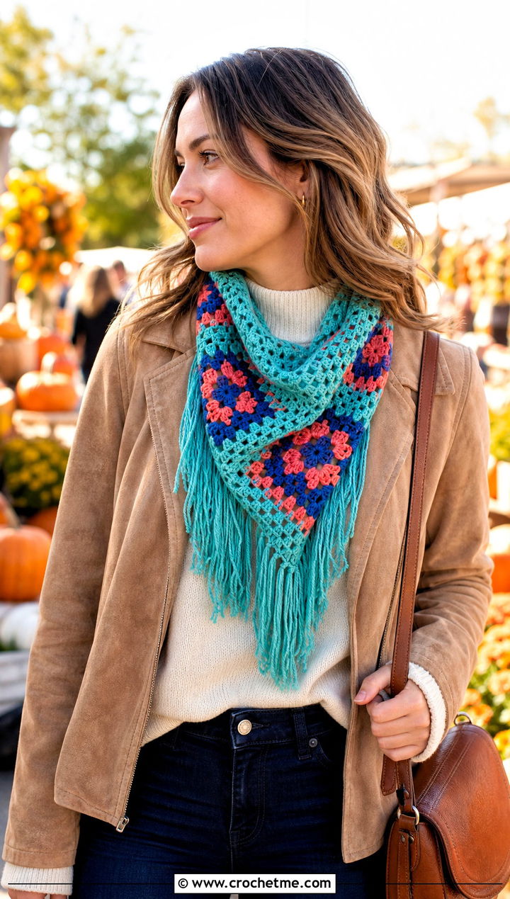 Fringed Granny Square Cowl With Suede Jacket - 25 Granny Square Cowl outfit ideas