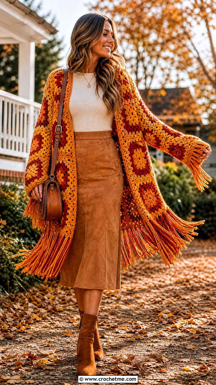 Fringed Granny Square Crochet Cardigan With Suede Midi Skirt - 35 granny square crochet cardigan outfit ideas