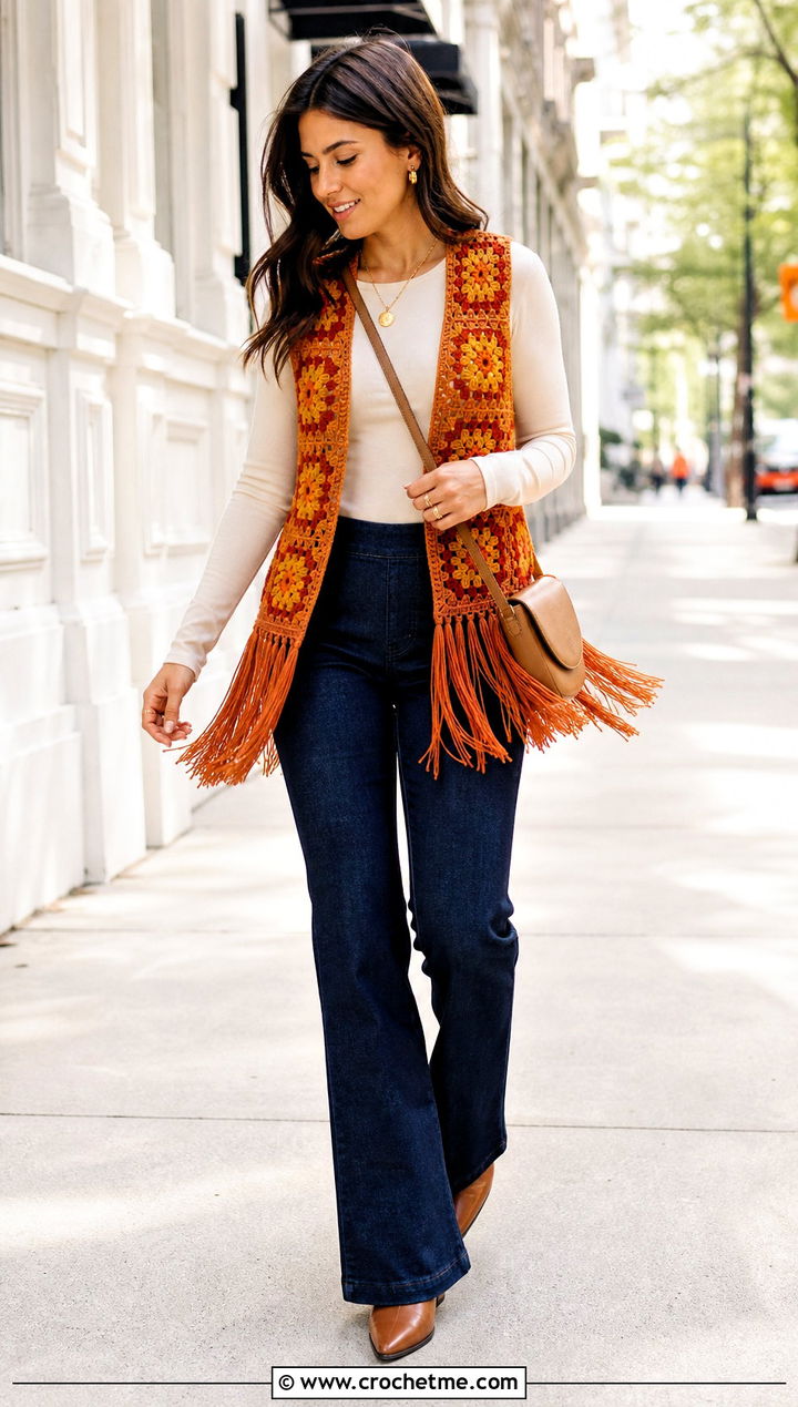 Fringed Granny Square Crochet Vest With Dark Denim - 25 Granny Square Crochet Vest outfit ideas