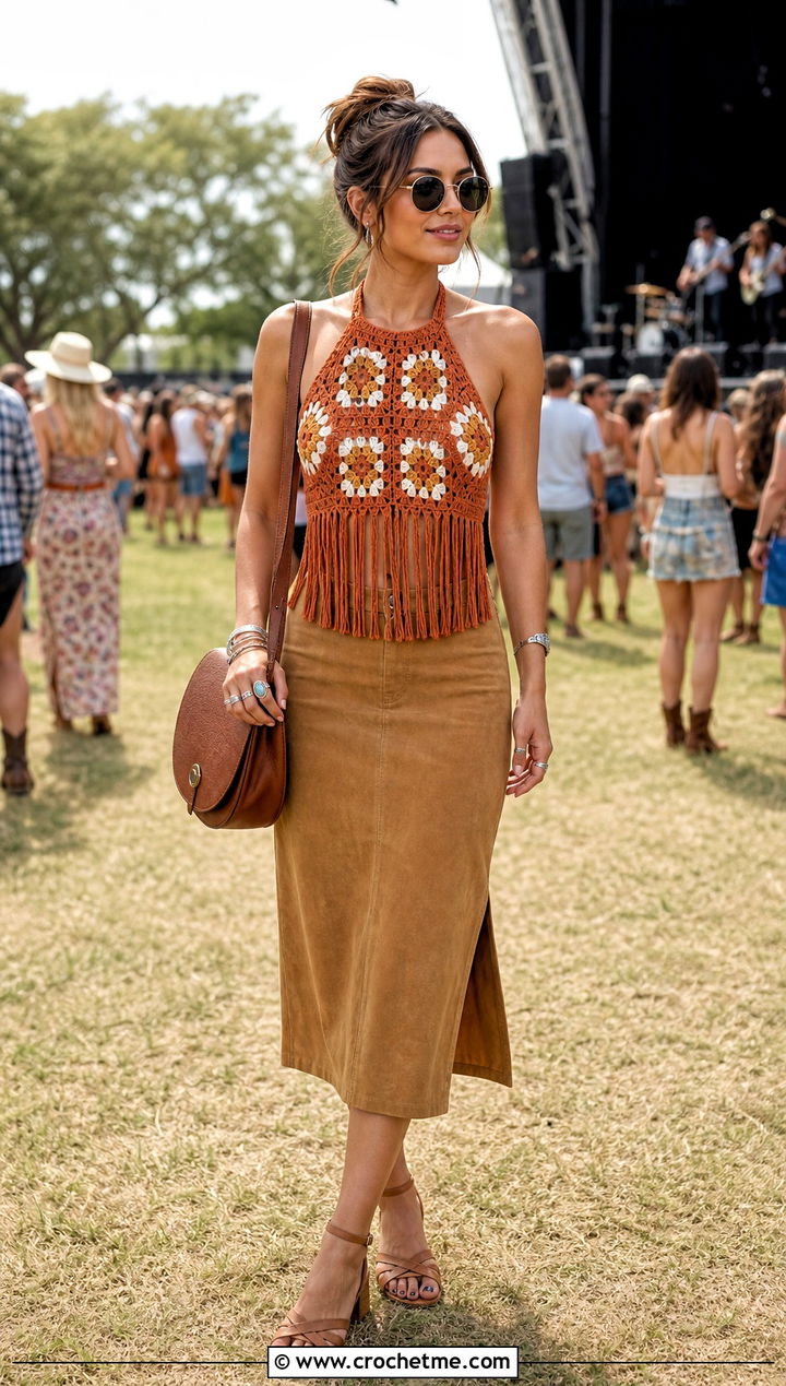 Fringed Granny Square Halter With Suede Midi Skirt - 30 crochet summer tops granny squares outfit ideas