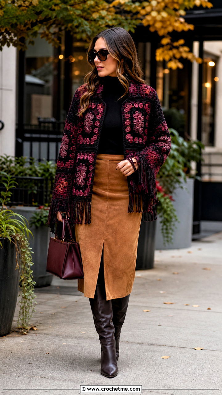 Fringed Granny Square Jacket With Suede Midi Skirt - 35 granny square jacket outfit ideas