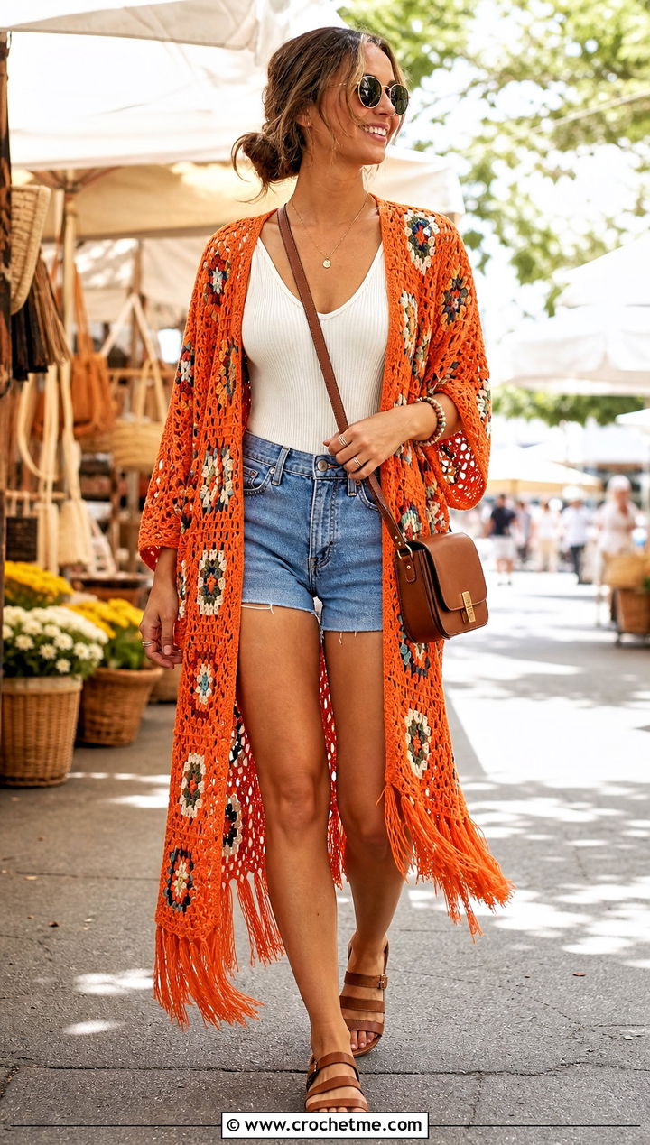 Fringed Granny Square Kimono With Denim Shorts - 15 crochet granny square kimono outfit ideas