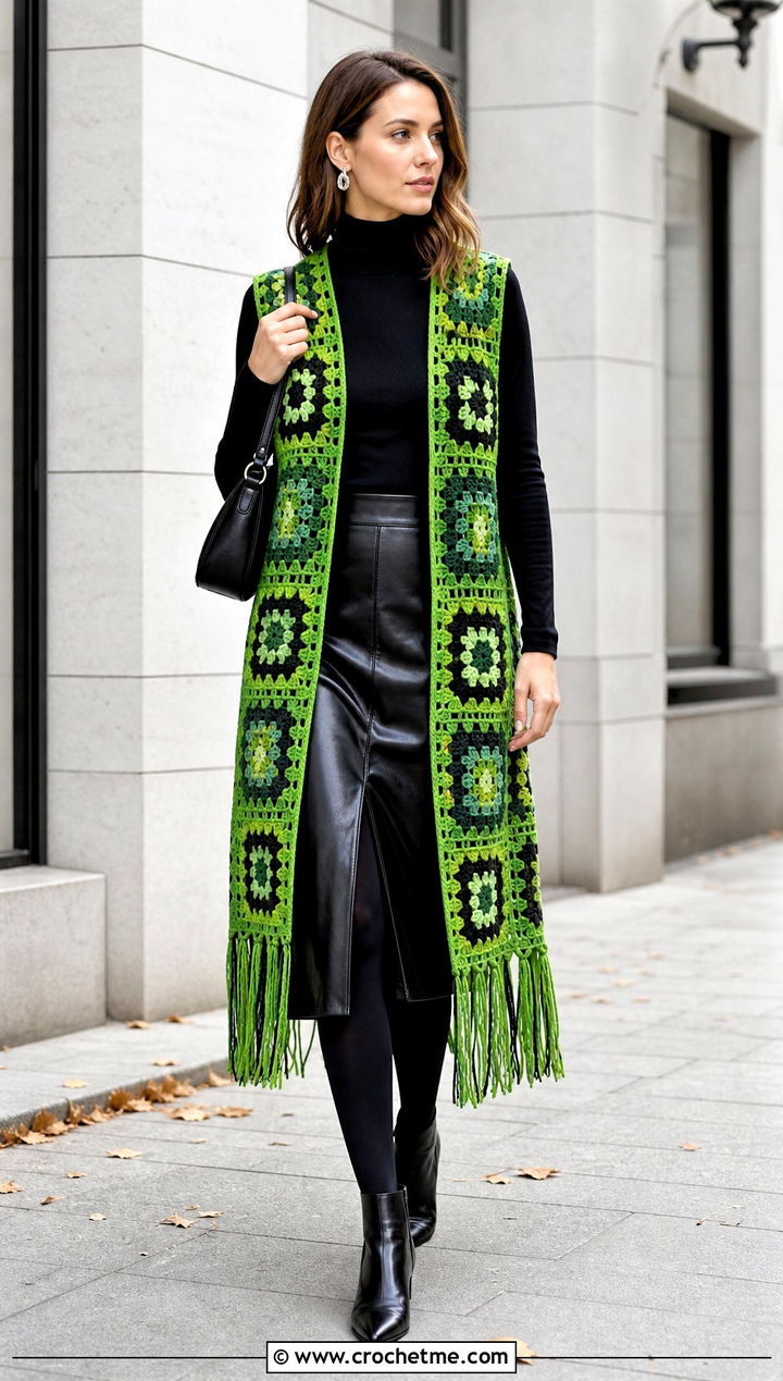 Fringed Granny Square Long Vest With Turtleneck And Leather Skirt - 20 Granny Square Long Vest outfit ideas