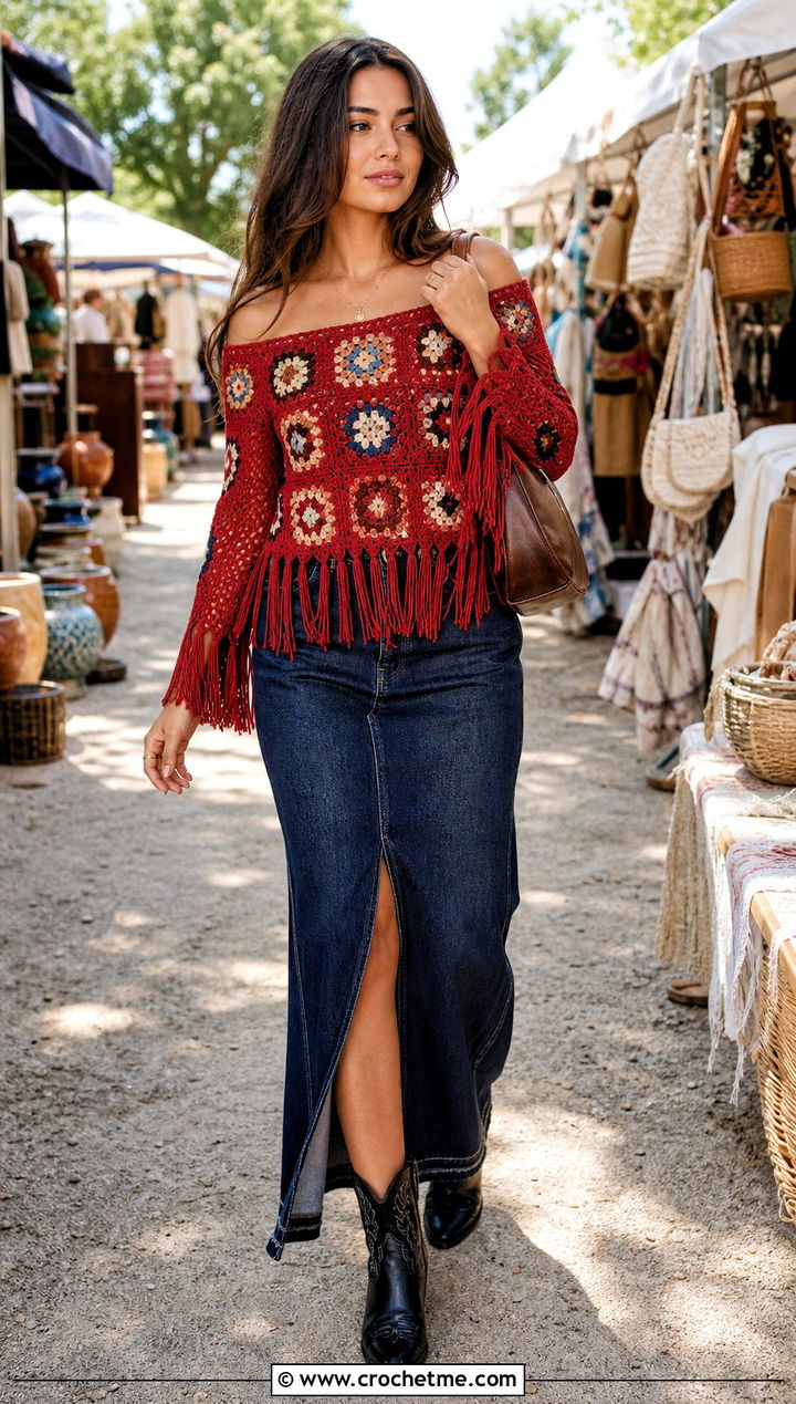Fringed Granny Square Off The Shoulder Top With Denim Maxi Skirt - 15 Crochet Off The Shoulder Granny Square Top outfit ideas