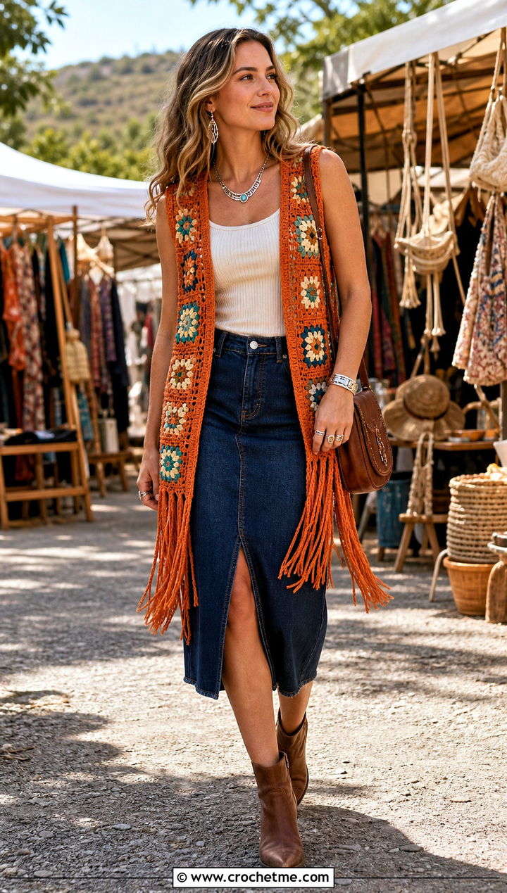 Fringed Granny Square Open Vest With Denim Midi Skirt - 25 granny square open vest outfit ideas