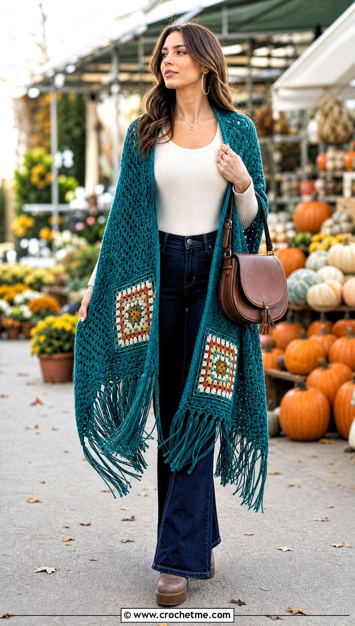 Fringed Granny Square Pocket Shawl With Flared Jeans - 20 Granny Square Pocket Shawl outfit ideas