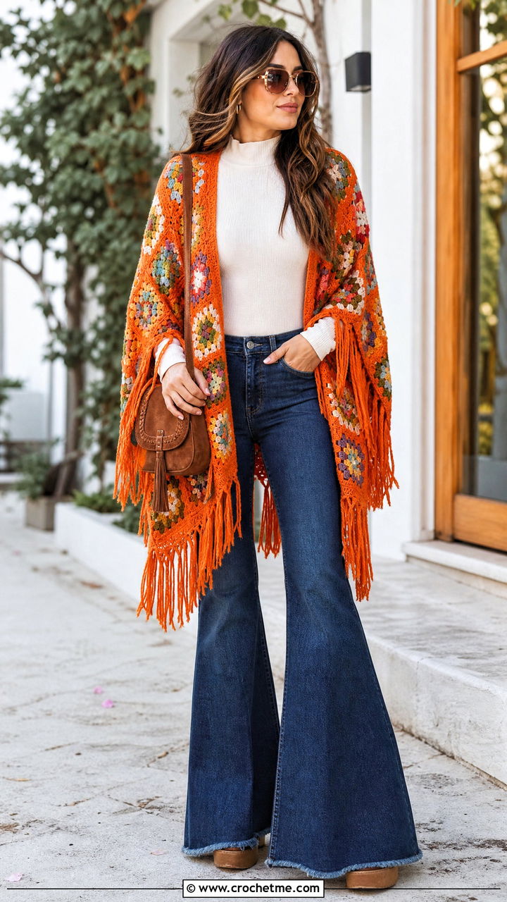 Fringed Granny Square Poncho With Flared Jeans - 35 crochet granny square poncho outfit ideas