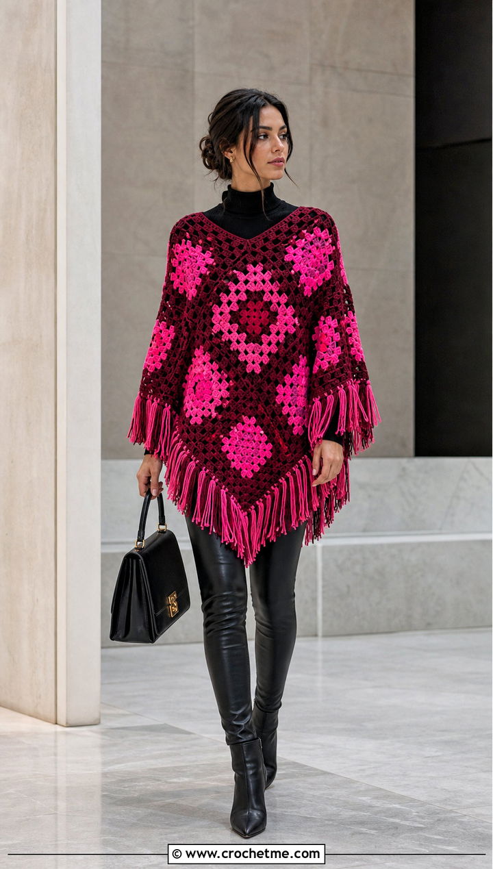 Fringed Granny Square Poncho With Leather Leggings - 35 granny square poncho outfit ideas