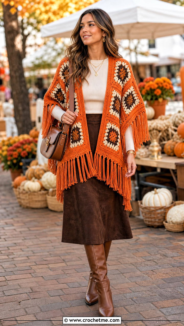 Fringed Granny Square Poncho With Suede Midi Skirt - 25 Granny Squares Poncho outfit ideas