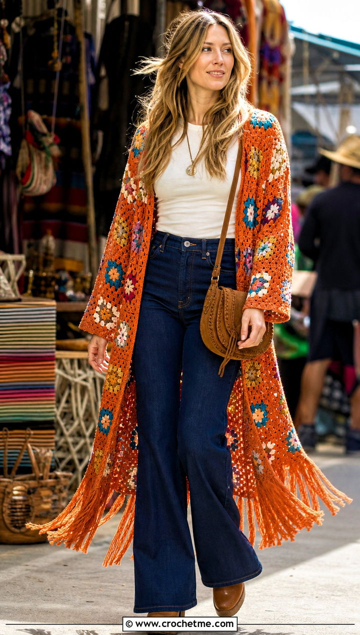 Fringed Granny Square Robe With Flared Jeans - 20 granny square robe outfit ideas