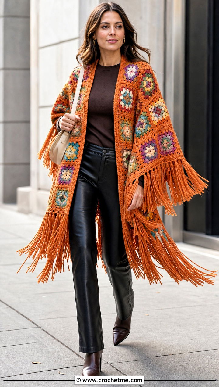 Fringed Granny Square Ruana With Leather Pants - 25 Granny Square Ruana outfit ideas