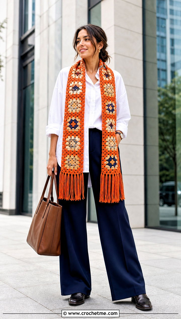 Fringed Granny Square Scarf With Button Down And Wide Leg Pants - 35 granny square crochet scarf outfit ideas