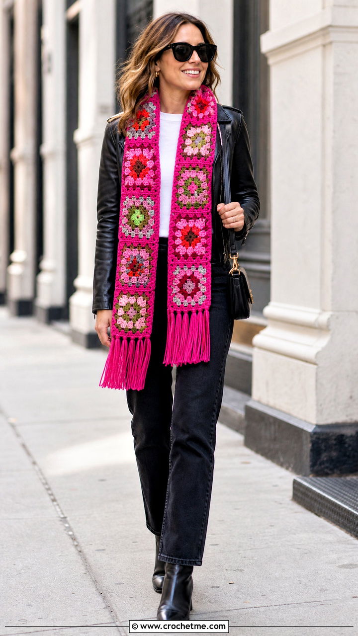 Fringed Granny Square Scarf With Leather Jacket And Black Jeans - 35 granny square scarf outfit ideas
