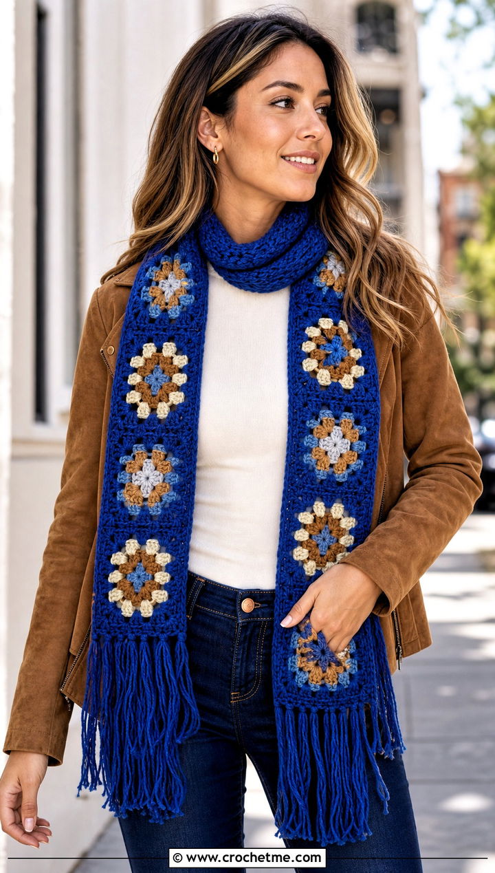 Fringed Granny Square Scarf With Suede Jacket And Flare Jeans - 30 crochet scarf squares outfit ideas