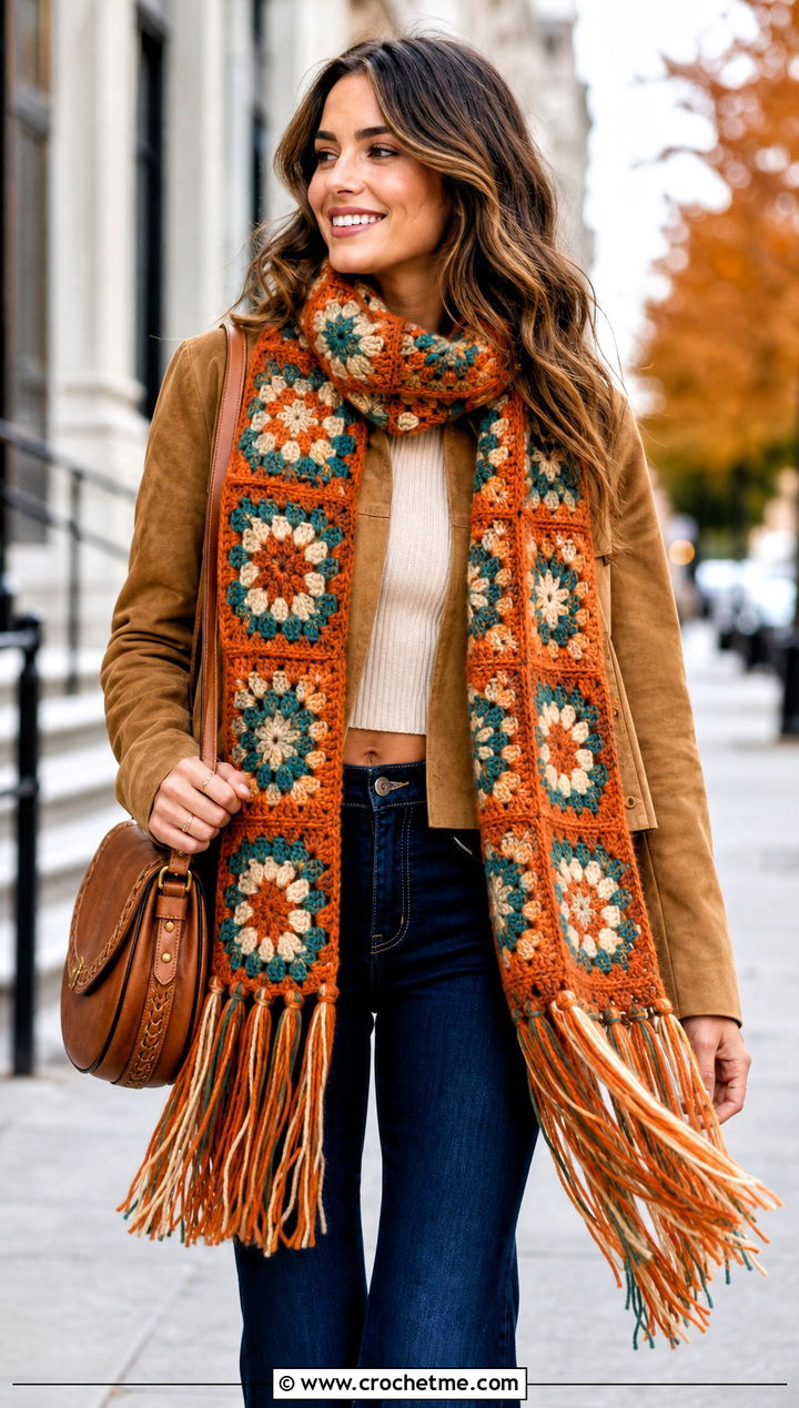 Fringed Granny Square Scarf With Suede Jacket And Flared Jeans - 30 crochet granny square scarf outfit ideas