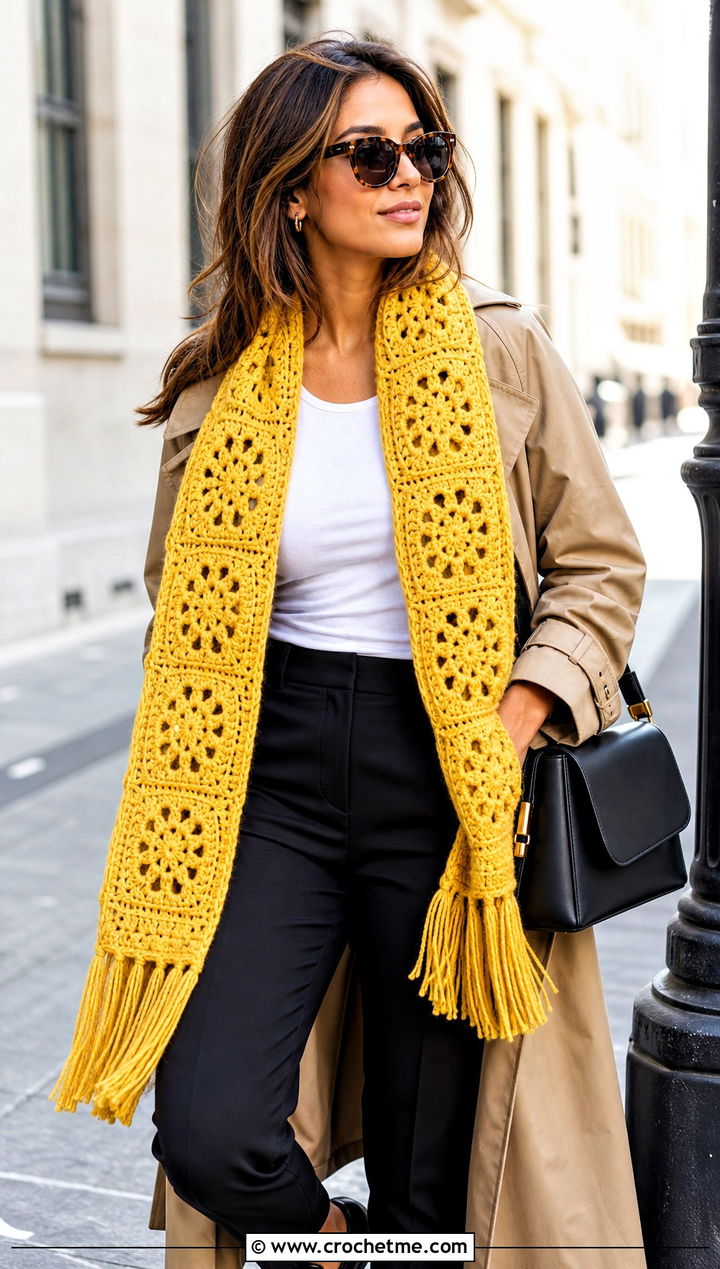 Fringed Granny Square Scarf With Trench Coat and Loafers - 25 granny square scarves outfit ideas