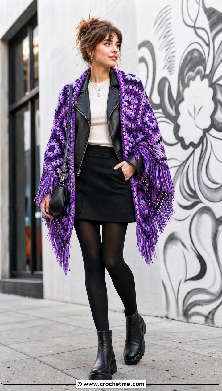 Fringed Granny Square Shawl With Leather Jacket And Mini Skirt - 35 granny square shawl outfit ideas