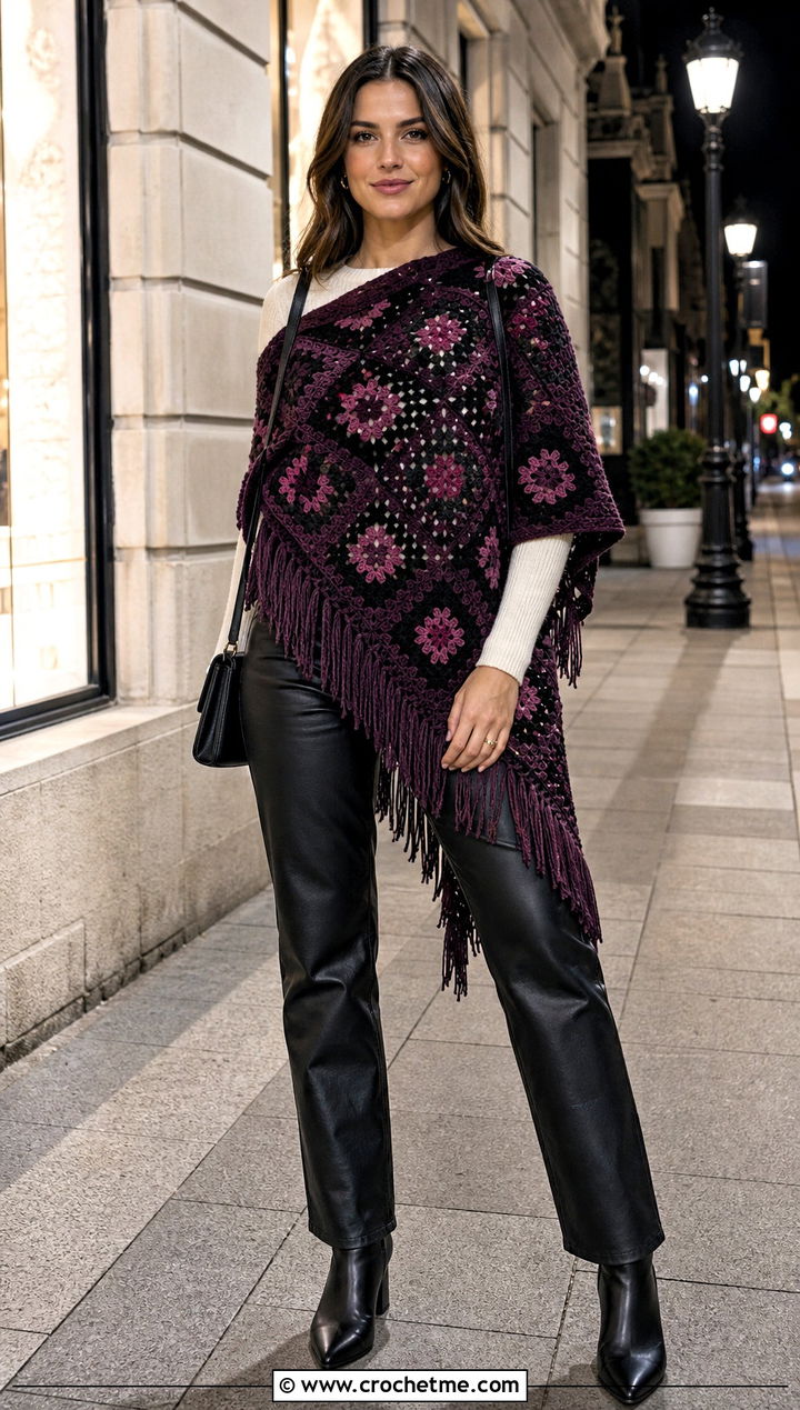 Fringed Granny Square Shawl Wrap With Leather Pants - 30 granny square wrap outfit ideas