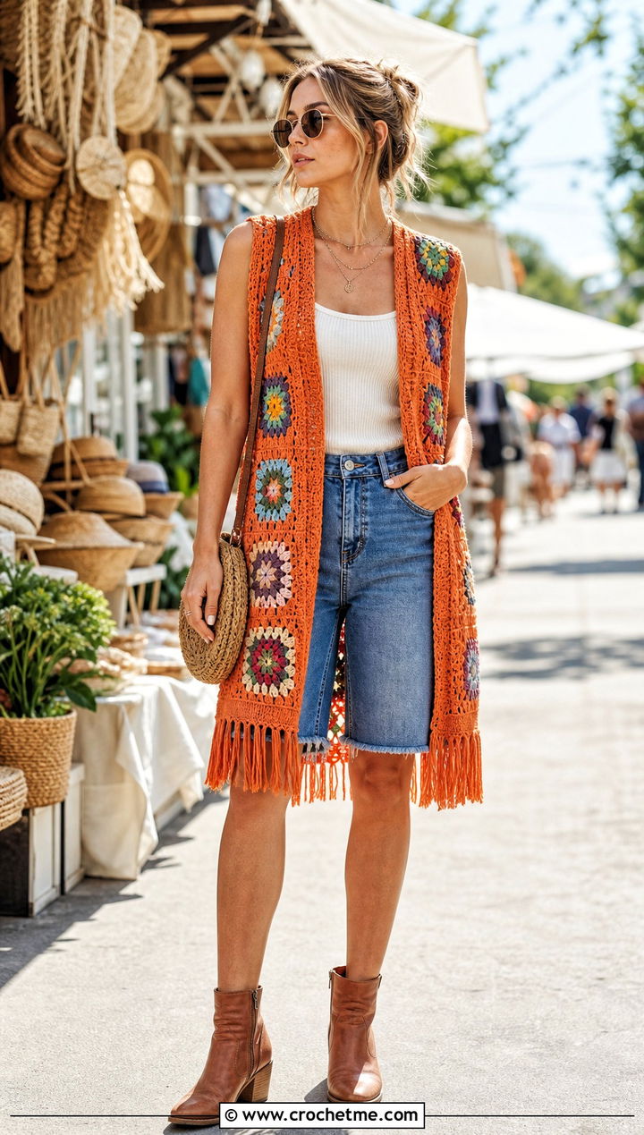 Fringed Granny Square Sleeveless Cardigan With Denim Shorts - 30 granny square sleeveless cardigan outfit ideas