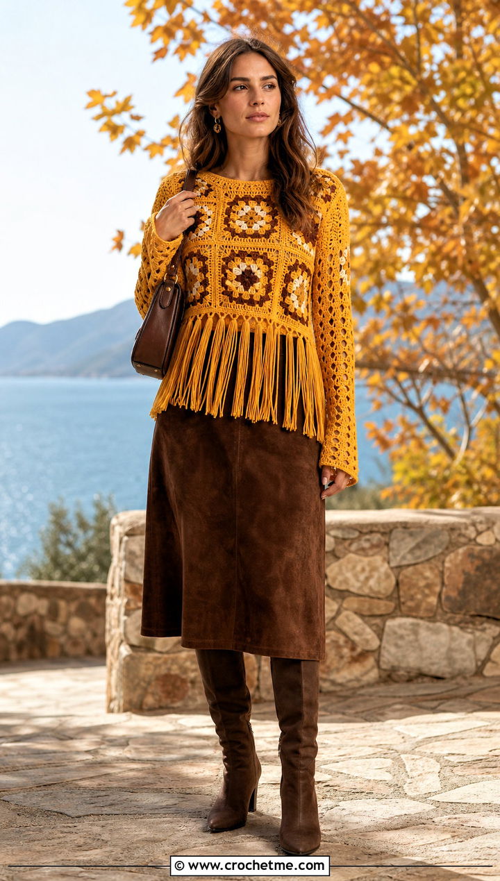 Fringed Granny Square Top With A Suede Skirt - 35 granny square crochet top outfit ideas