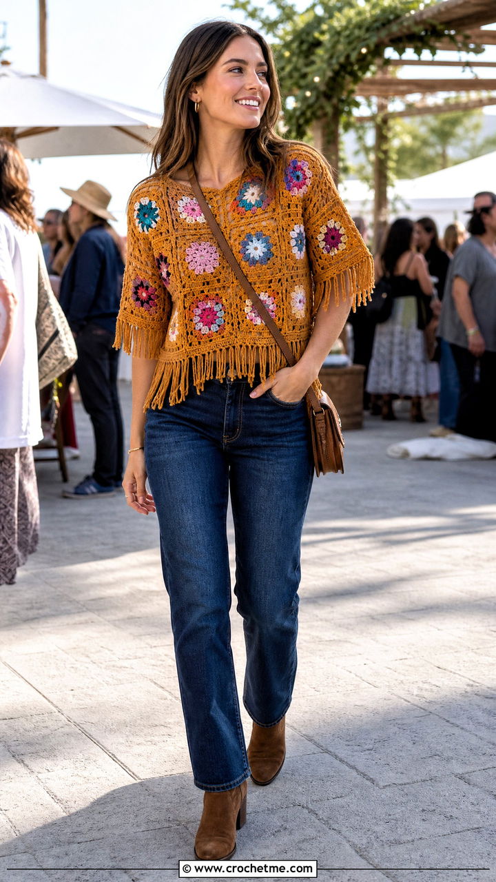 Fringed Granny Square Top With Straight Jeans - 35 granny square top outfit ideas