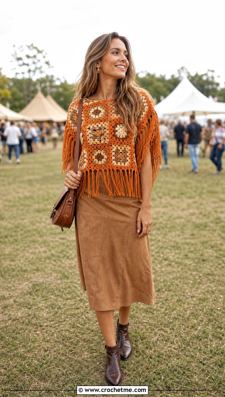 Fringed Granny Square Top With Suede Skirt - 25 Square Crochet Top outfit ideas