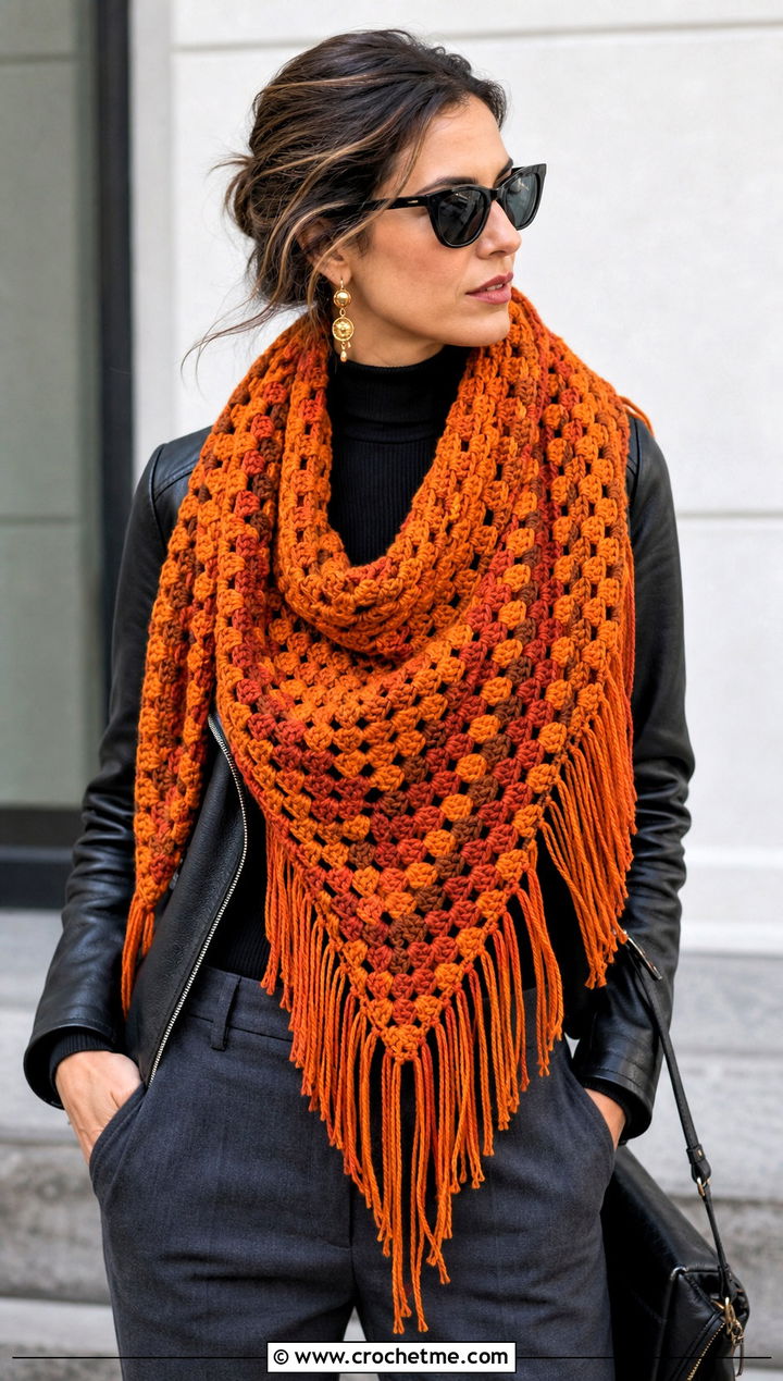 Fringed Granny Square Triangle Shawl With Leather Jacket - 30 granny square triangle shawl outfit ideas