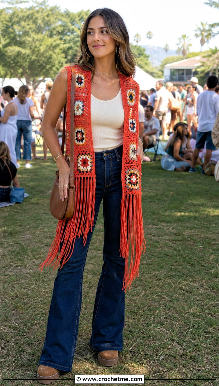 Fringed Granny Square Vest With Flared Jeans - 25 Granny Squares Vest outfit ideas