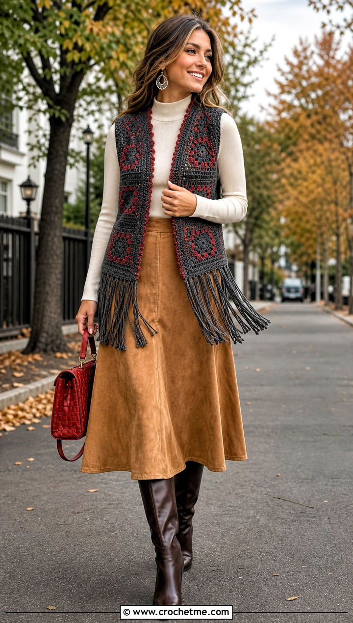 Fringed Gray Crochet Vest With Suede Midi Skirt - 15 gray crochet vest outfit ideas
