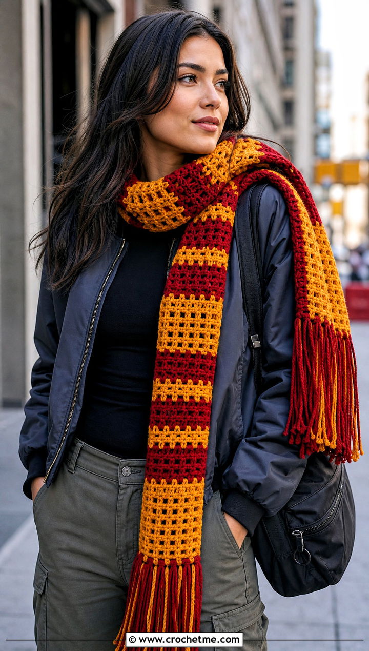Fringed Gryffindor Crochet Scarf With Cargo Pants - 25 gryffindor crochet scarf outfit ideas