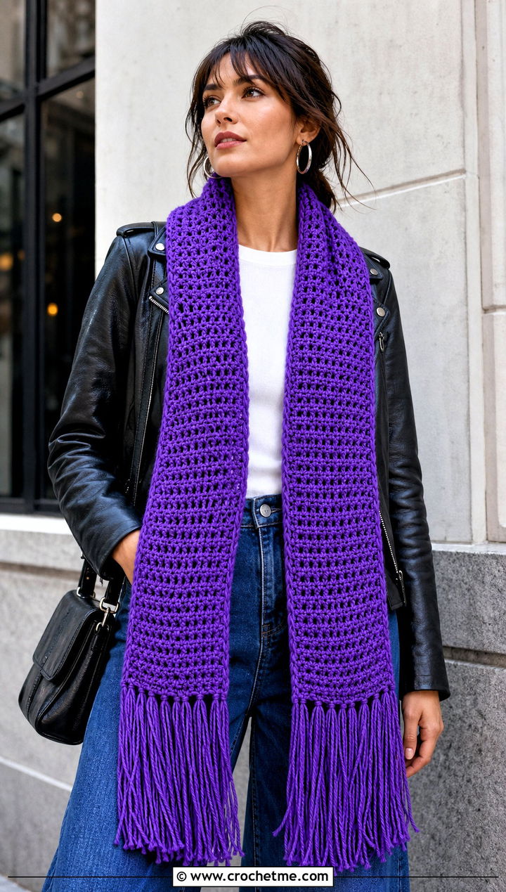 Fringed HDC Crochet Scarf With Leather Jacket - 20 Hdc Crochet Scarf outfit ideas