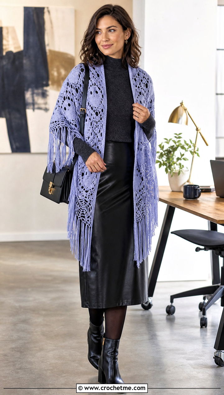 Fringed Halloween Shawl With Sweater and Faux Leather Skirt - 25 halloween crochet shawl outfit ideas