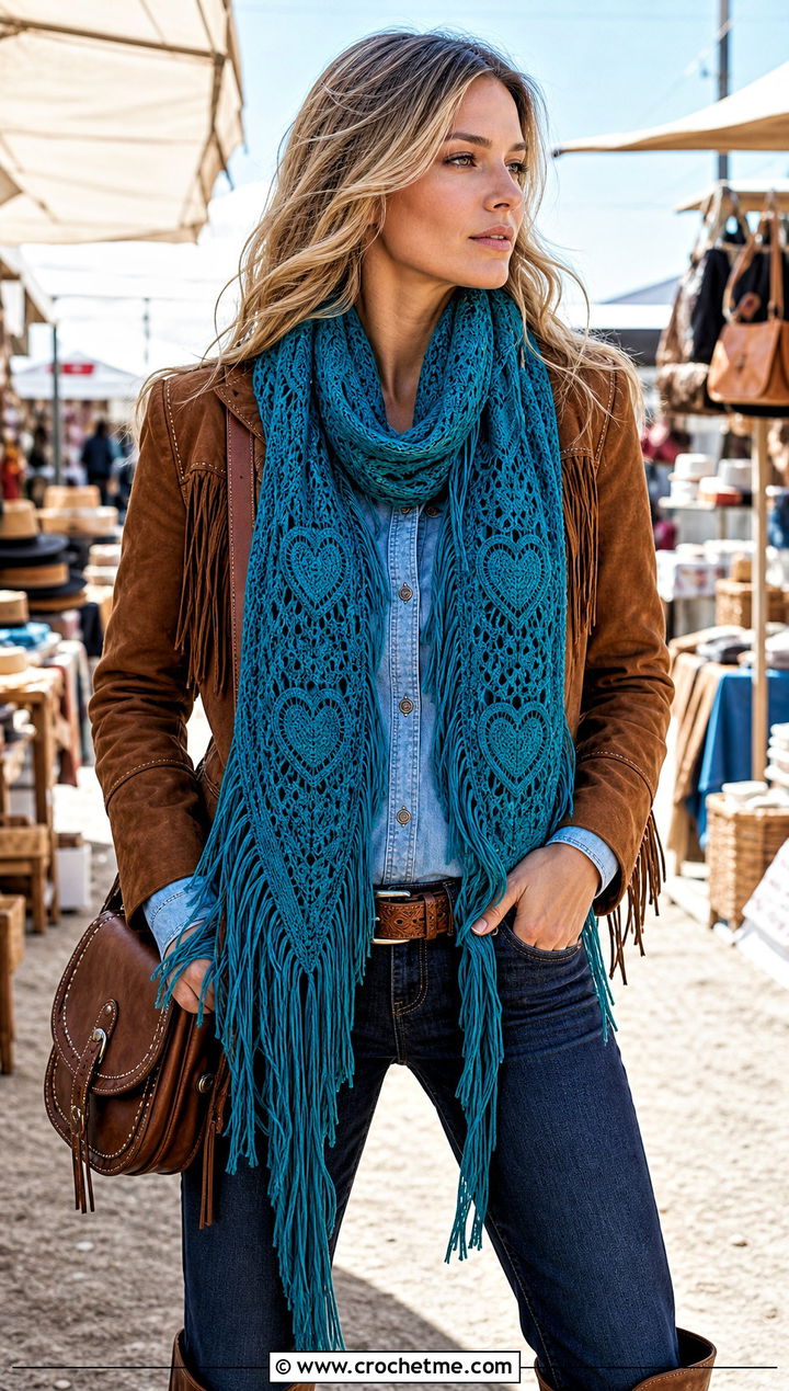 Fringed Heart Scarf With Western Denim Outfit - 25 crochet heart scarf outfit ideas