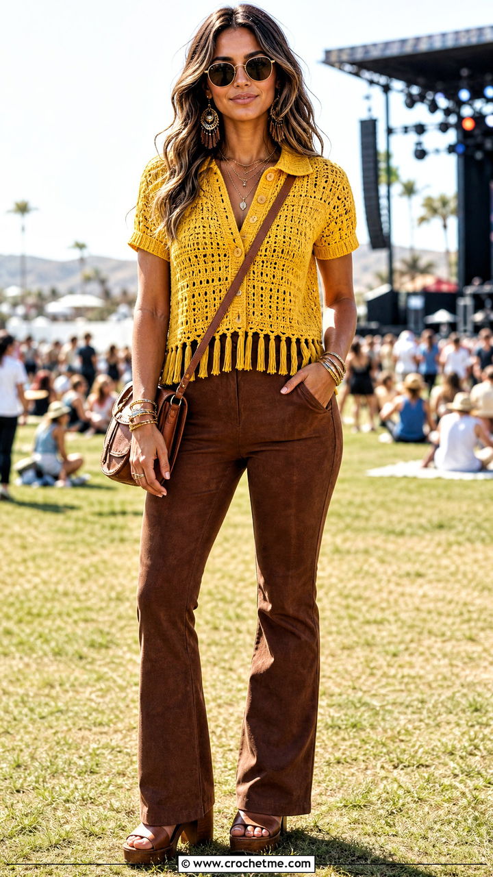 Fringed Hem Crochet Polo Shirt With Suede Pants - 35 crochet polo shirt outfit ideas