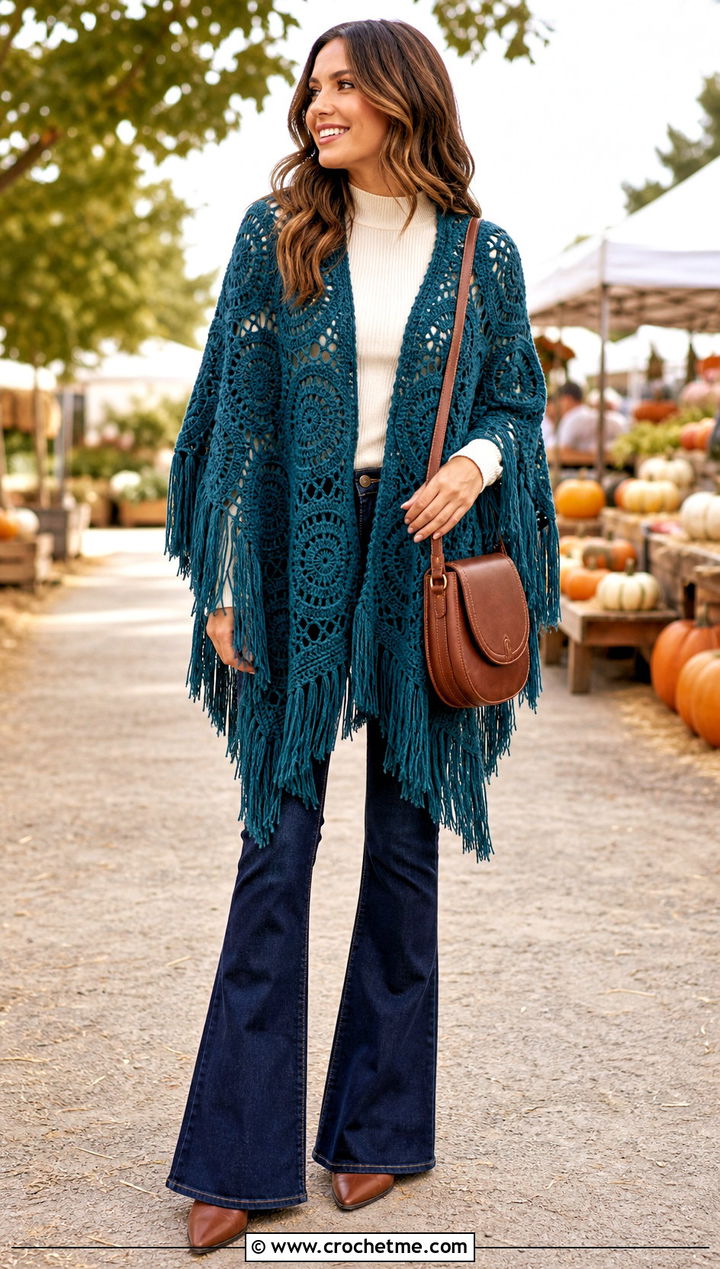 Fringed Hexagon Crochet Poncho With Flared Jeans - 20 Hexagon Crochet Poncho outfit ideas
