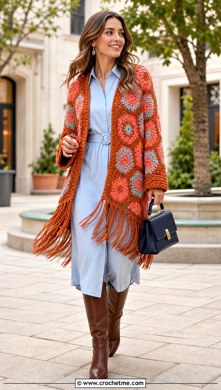 Fringed Hexagon Granny Square Cardigan With Shirt Dress - 35 hexagon granny square sweater outfit ideas