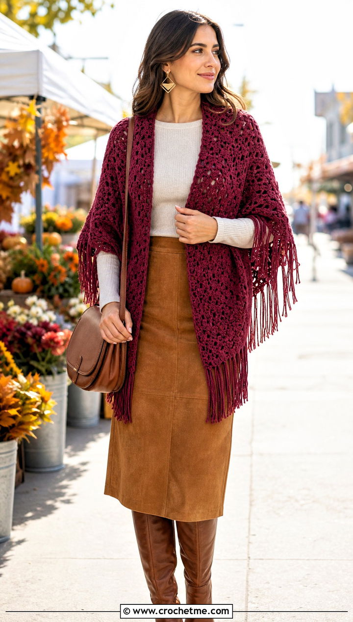 Fringed Highlander Shawl With Suede Skirt - 20 Crochet Highlander Shawl outfit ideas
