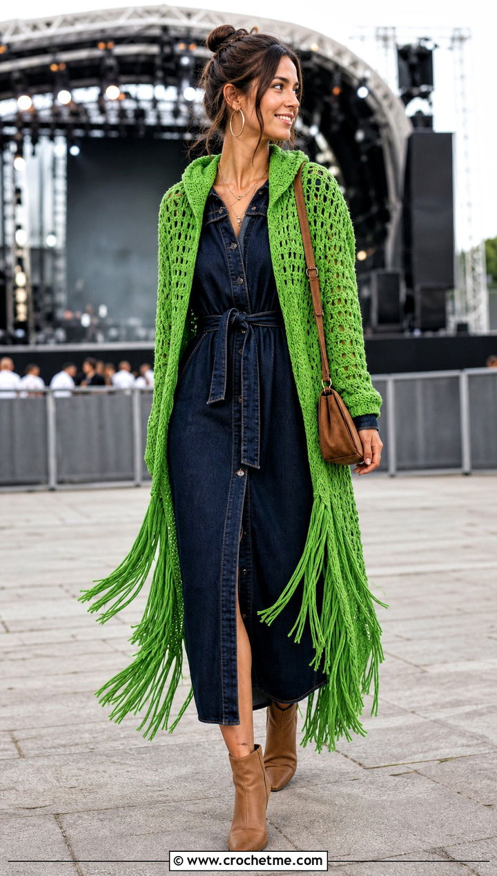 Fringed Hooded Crochet Cape With Denim Dress - 25 Hooded Crochet Cape outfit ideas