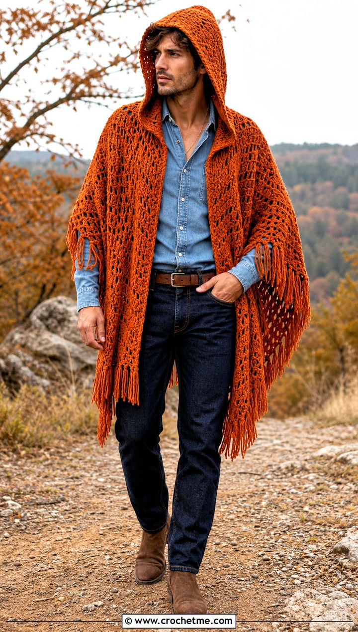 Fringed Hooded Crochet Poncho With Western Denim - 15 mens hooded crochet poncho outfit ideas