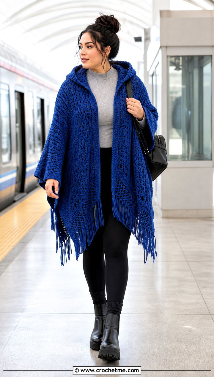 Fringed Hooded Poncho With Black Leggings - 35 Crochet Hooded Poncho outfit ideas