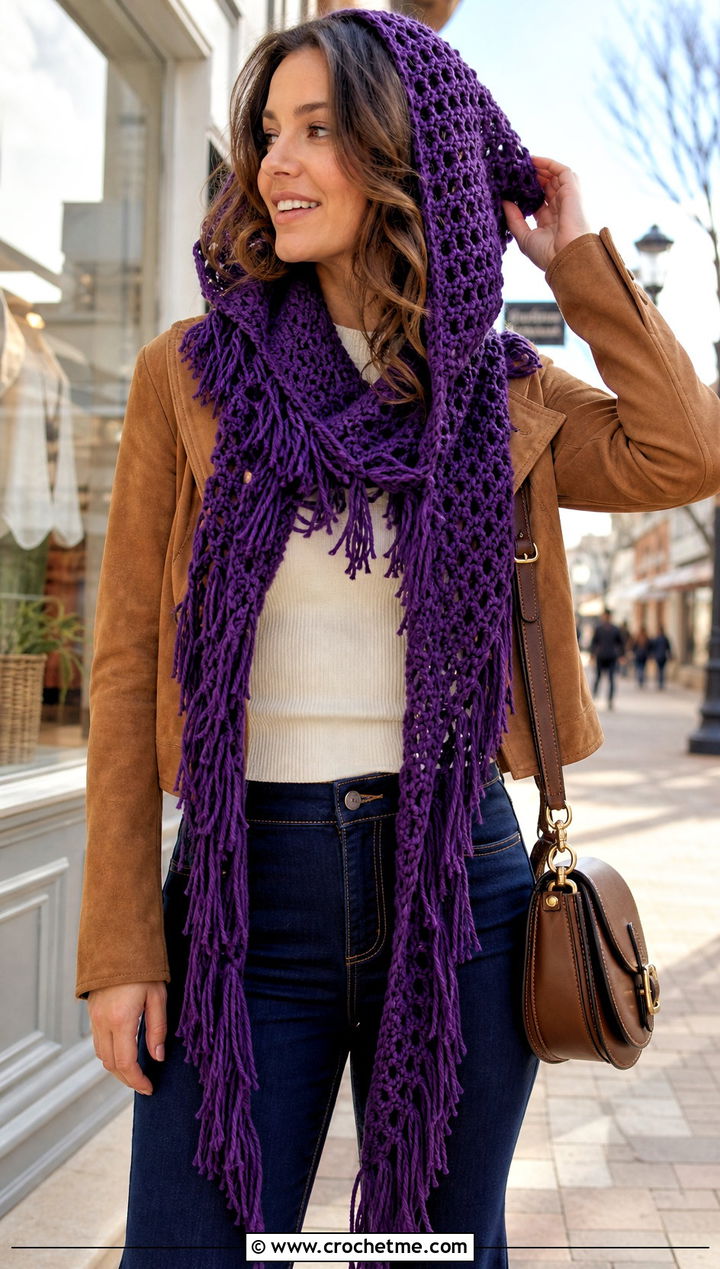 Fringed Hooded Scarf With Flared Jeans - 25 Crochet Hoodie Scarf outfit ideas