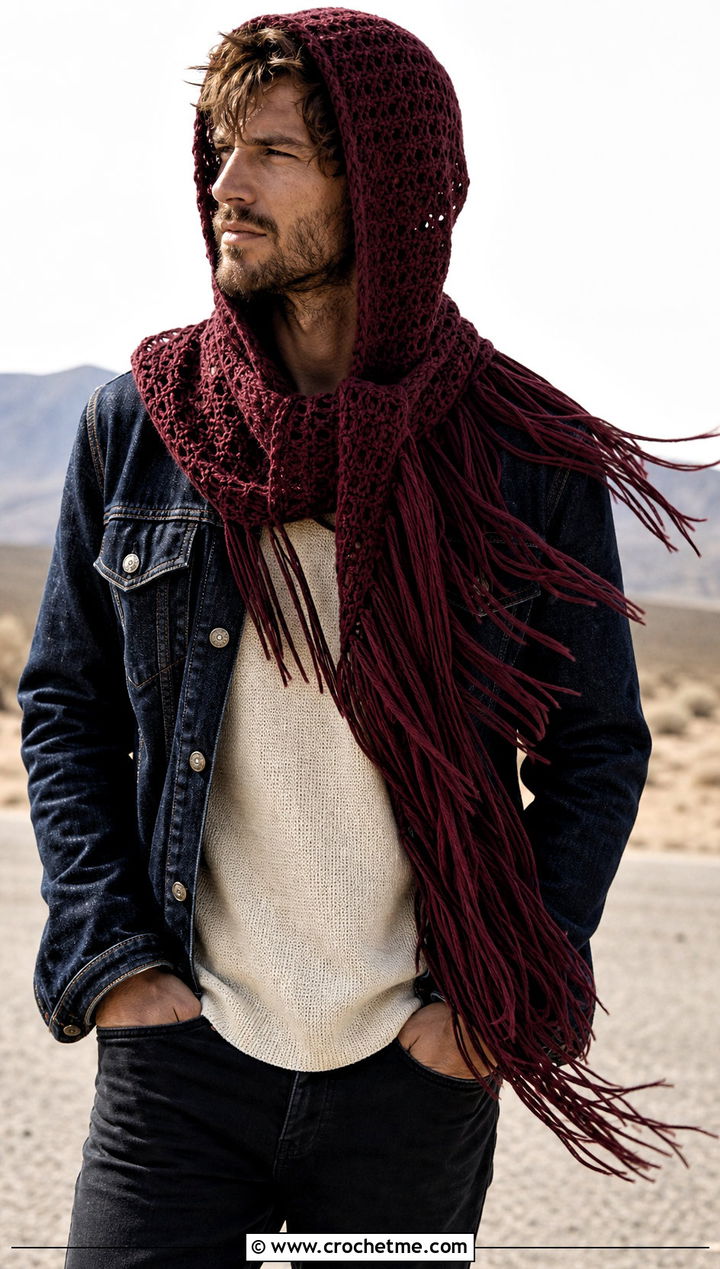 Fringed Hooded Scarf With Western Jacket - 20 Crochet Hooded Scarf For Men outfit ideas