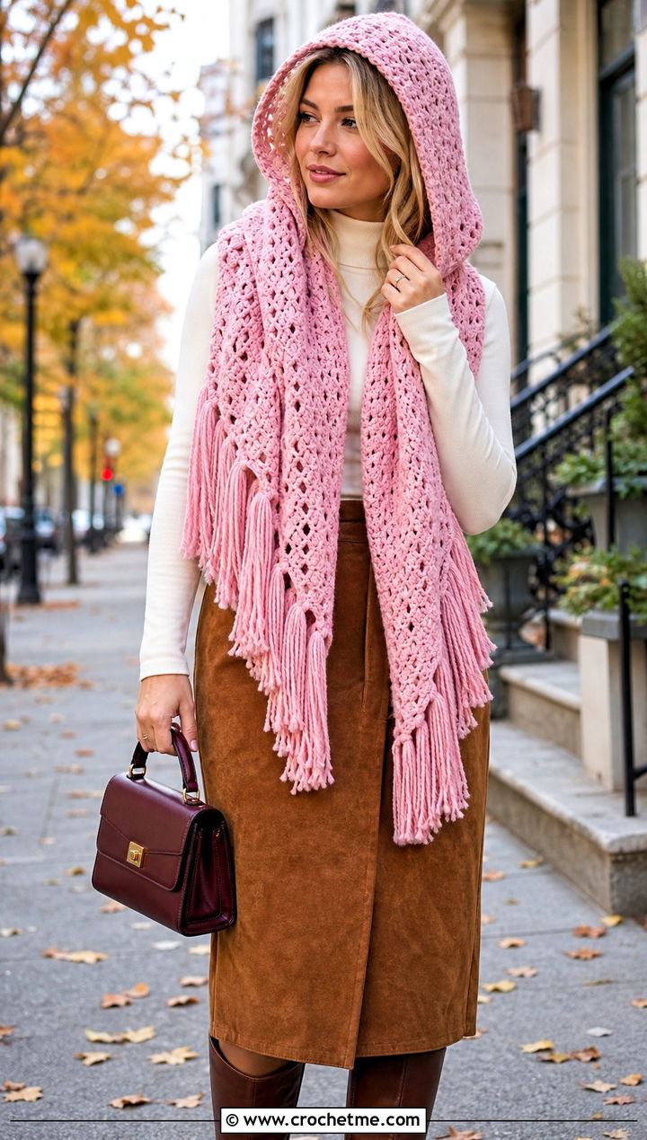 Fringed Hooded Triangle Crochet Scarf With Suede Skirt - 25 Hooded Triangle Crochet Scarf outfit ideas