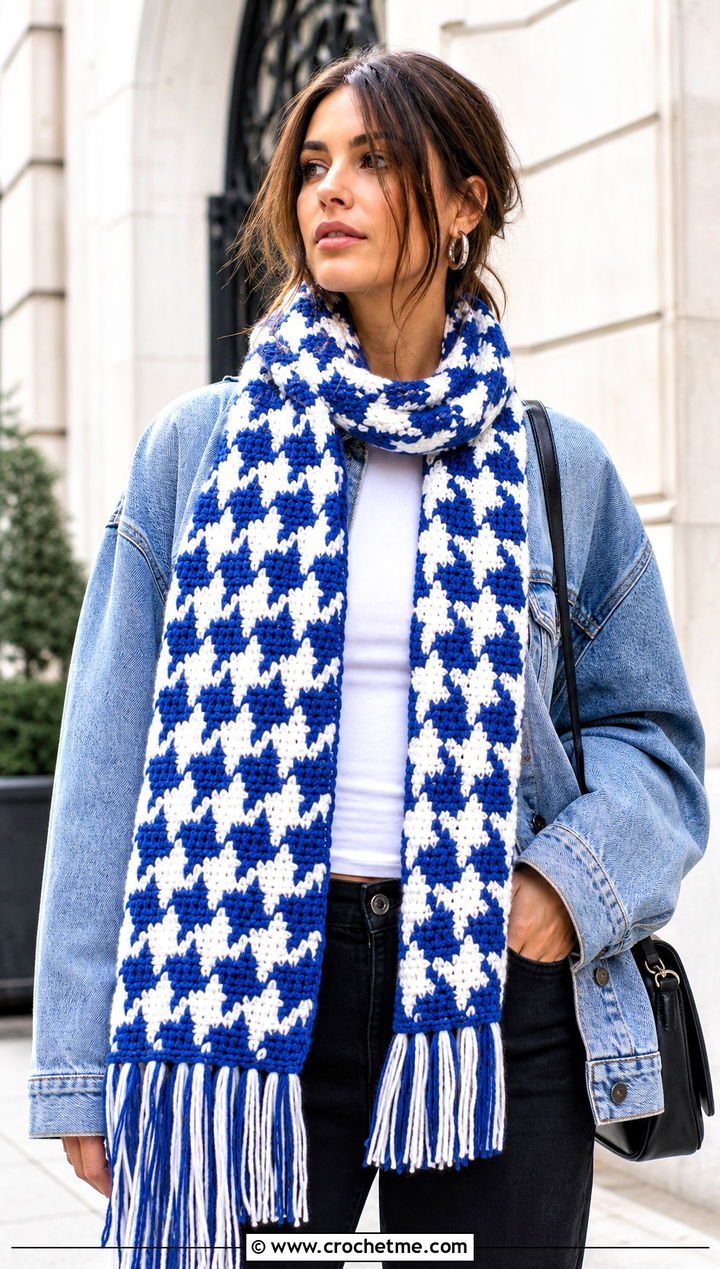 Fringed Houndstooth Crochet Scarf With Denim Jacket - 15 Houndstooth Crochet Scarf outfit ideas